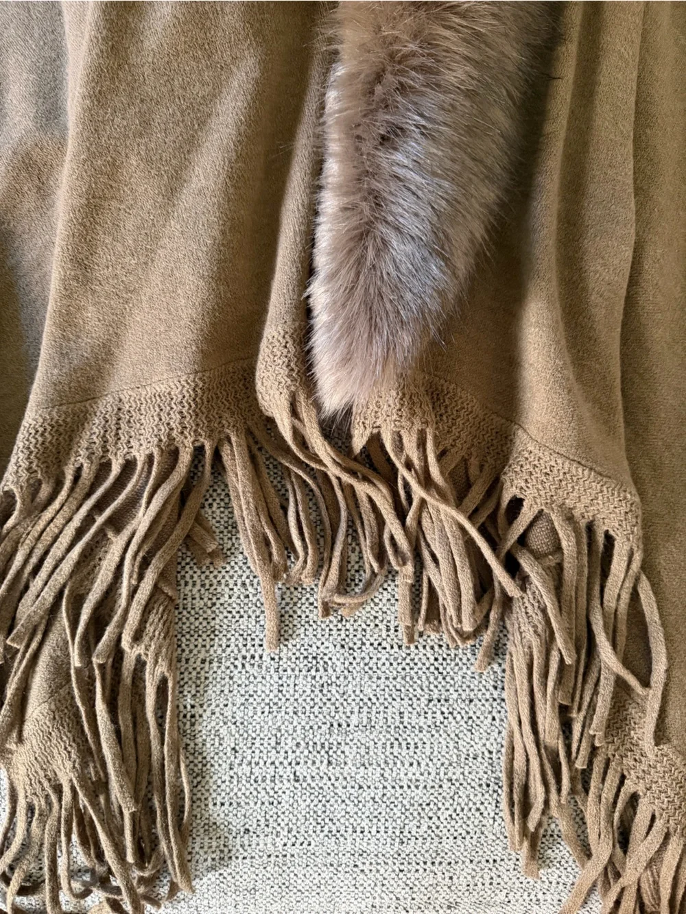 J&X NY Camel Knit Fringe Poncho with Faux Fur Collar - Boho Cape O/S